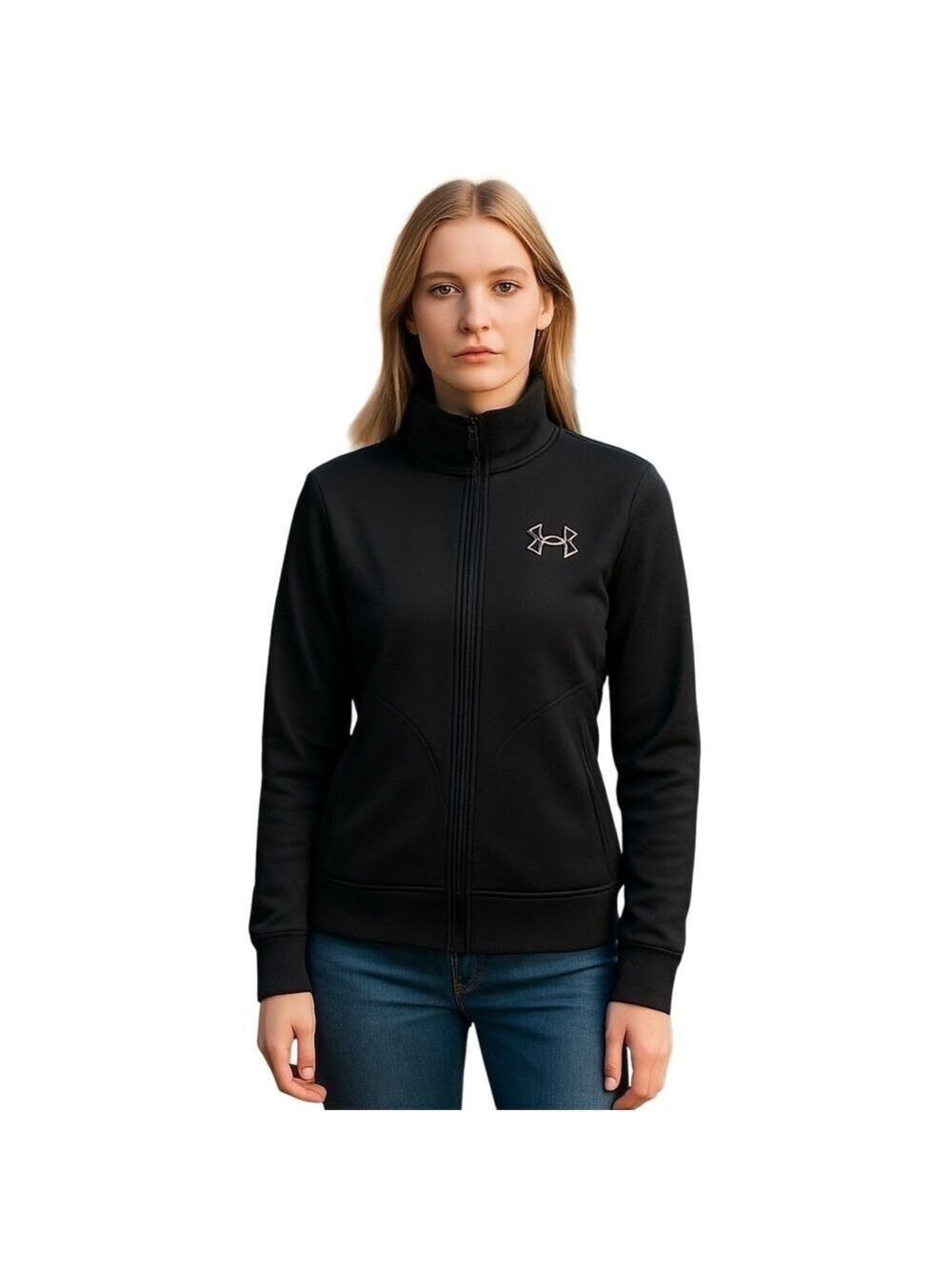 Under Armour fleece zip up branded track jacket rib cuff hem black pink size S